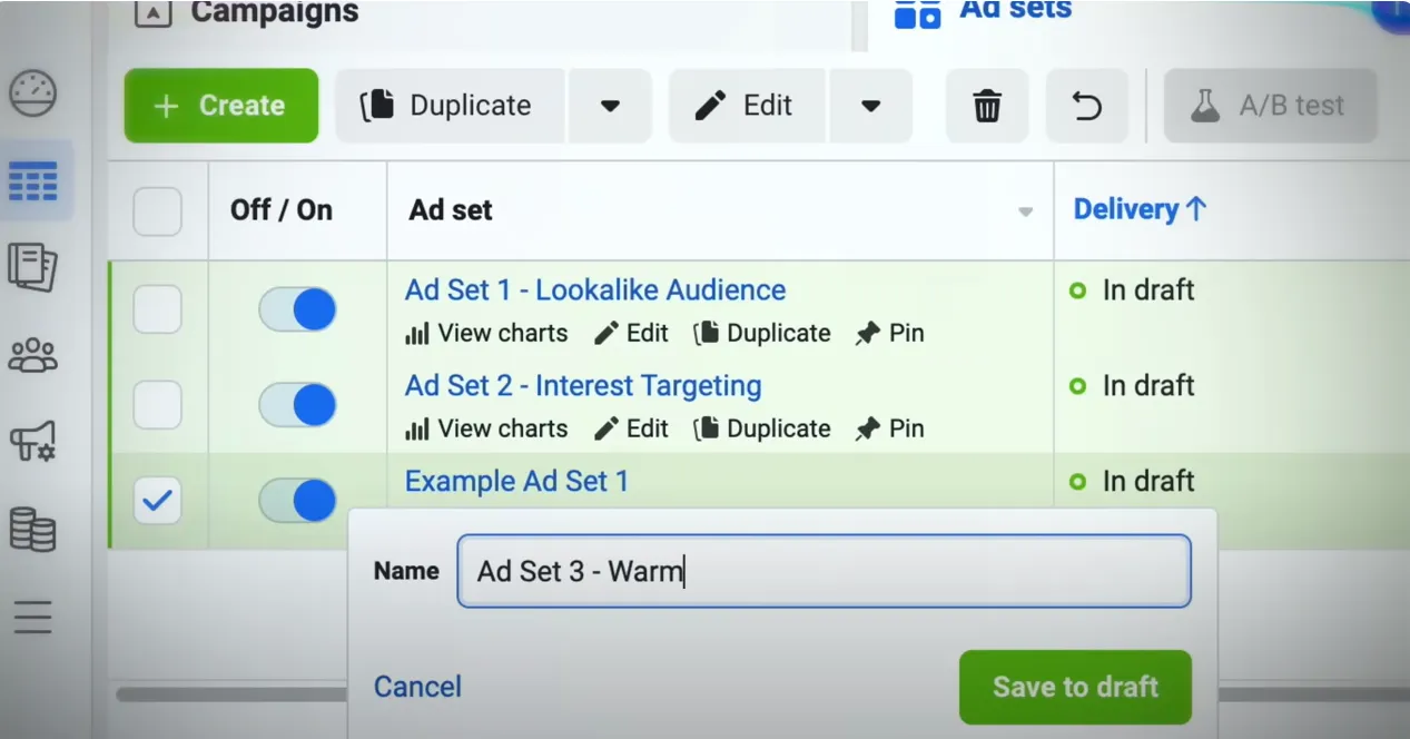 Facebook Ads Manager ad sets view